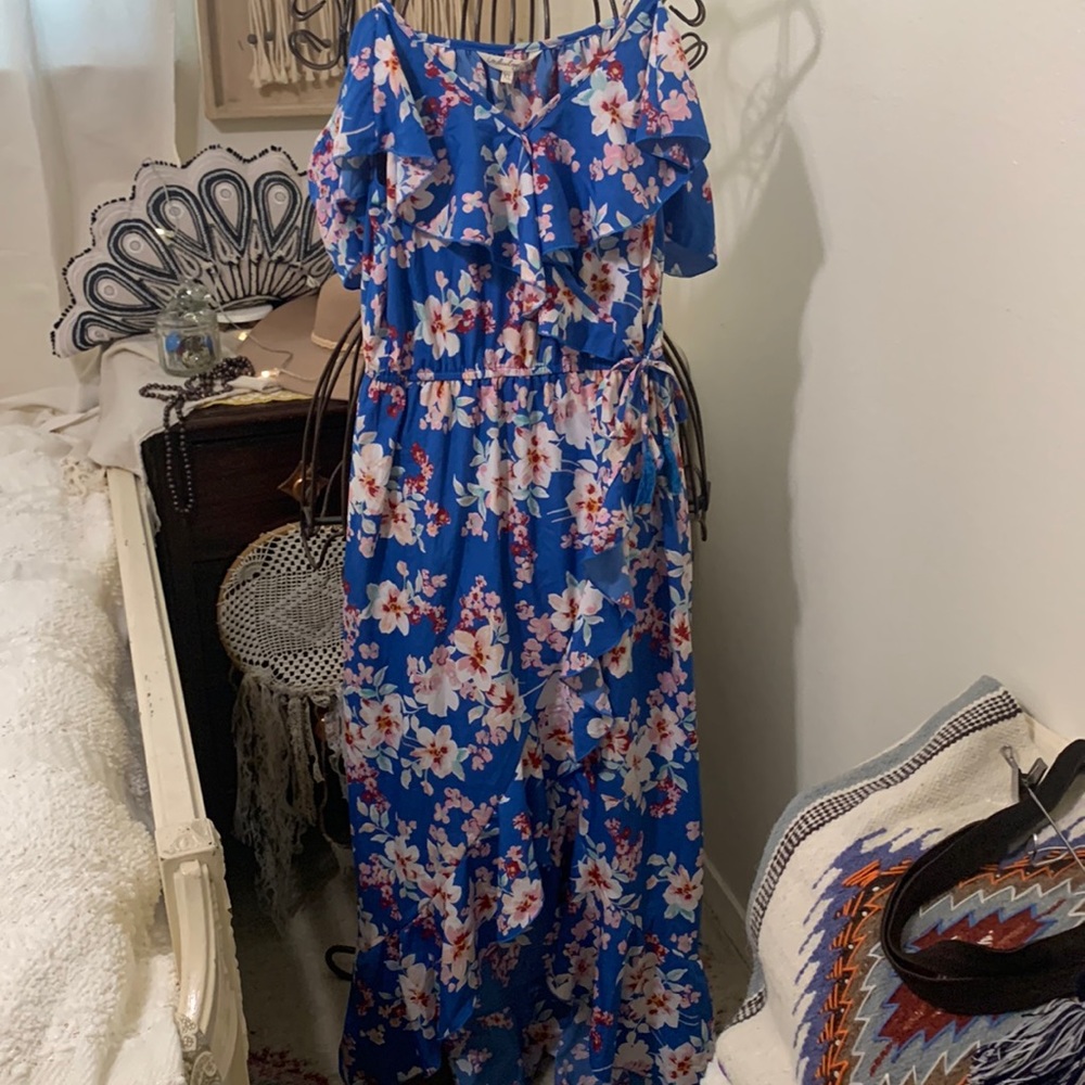 NWT Indulge Blue Floral Flutter Sleeve Maxi Wrap Dress  XL